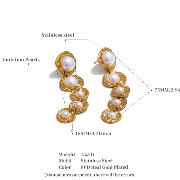 Gold Drop Earrings with Imitation Pearls – Stainless Steel, Real Gold Plated - Picture 5 of 17